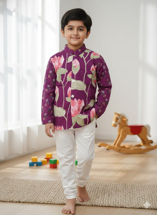 Beige Cotton Floral Kurta Pajama Jacket Set For Kids Boy