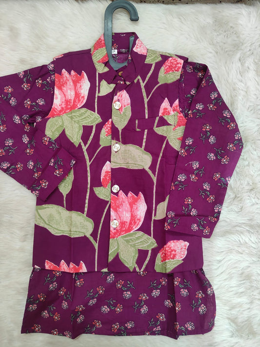 Beige Cotton Floral Kurta Pajama Jacket Set For Kids Boy