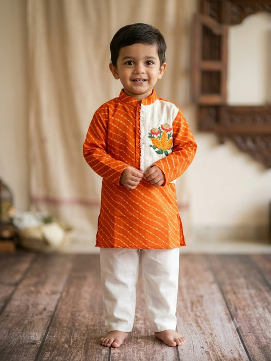 Boys Orange Cotton Kurta Pajama Set
