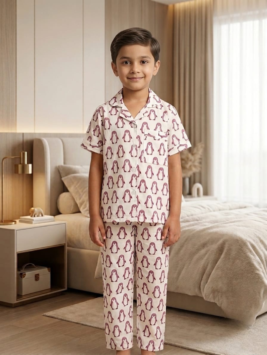 Girls Peach Elephant Print Cotton Night Suit Set