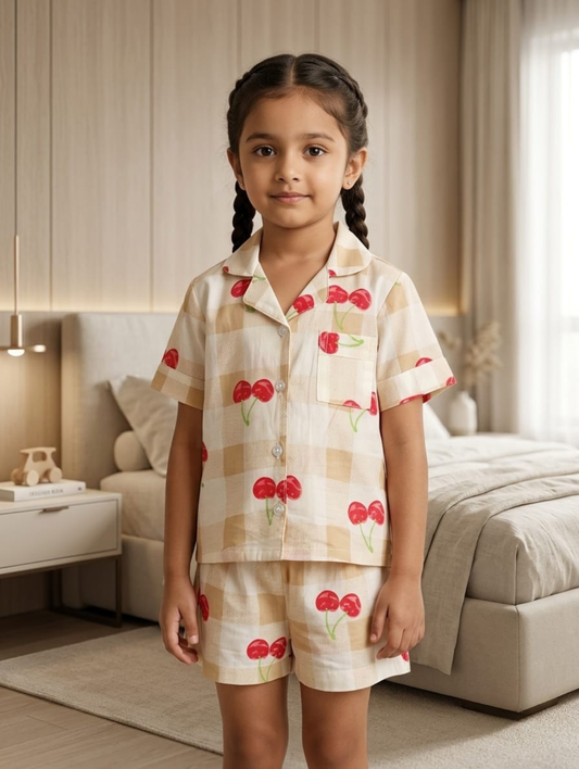 Girls Cream Cherry Print Cotton Night Suit Set