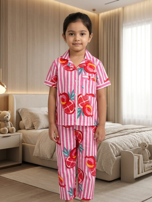 Girls Pink Floral Stripe Cotton Night Suit Set