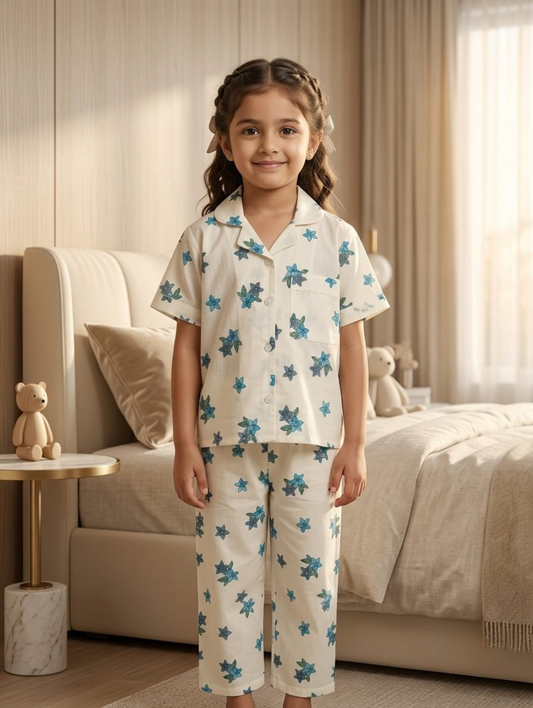 Girls White Floral Print Cotton Night Suit Set