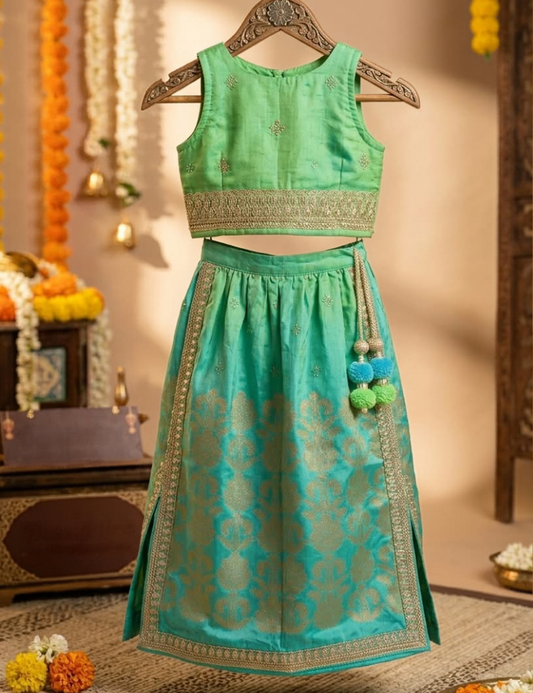 Green Lehenga Set For Kids Girl
