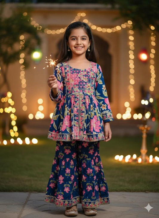 Blue Cotton Embroidery Floral Sharara Set For Kids Girl