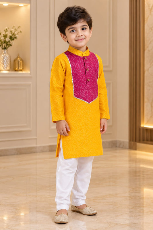 Yellow & Pink Cotton Kurta Pajama For Kids Boy