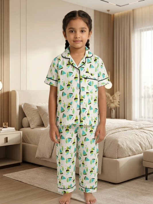 Girls Mint Green Cactus Print Cotton Night Suit Set