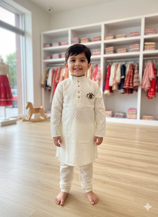 Off White Cotton Self Weaving Kurta Set For Kids Boy