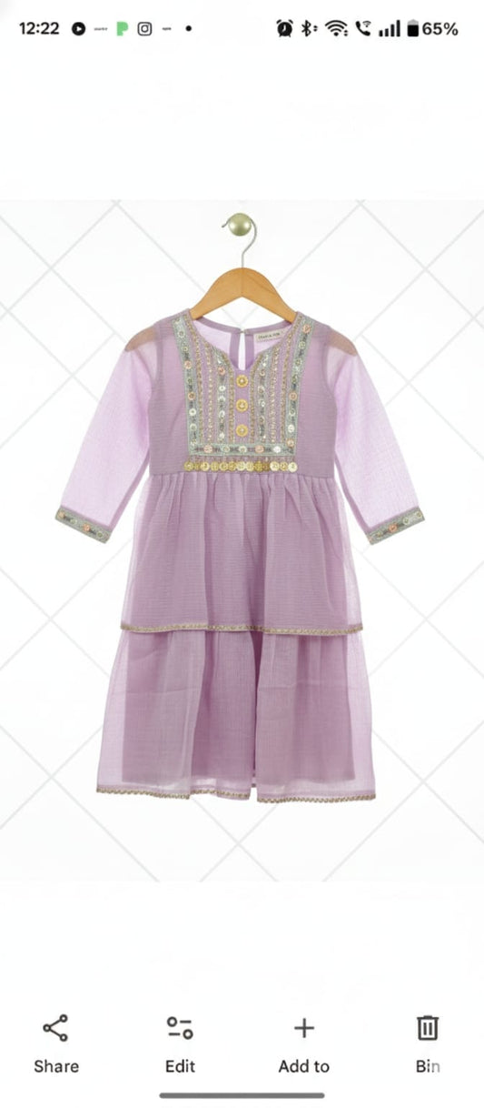 Light Purple Cotton Kota Doria Sharara Set For Kids Girl