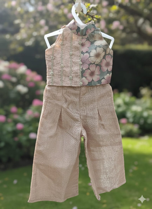 Rust Cotton Kota Tissue Halter Neck Coord Set For Kids Girl