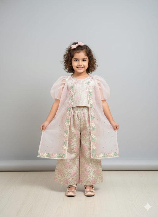 Pista Green Cotton Brocade Kurti Pant For Kids Girl