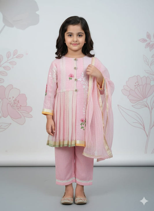 Peach Cotton Embroidery Kurti Pant Set For Kids Girl