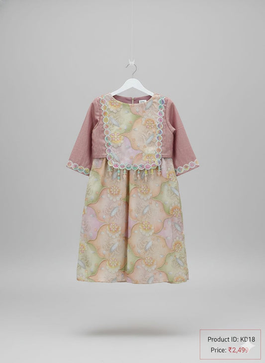 Onion Pink Cotton Tissue Kurti With Printed Coord Set For Kids Girl