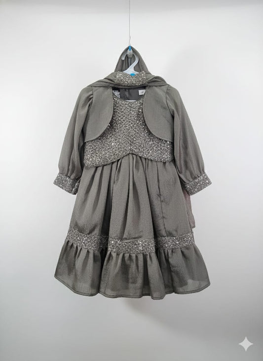 Grey Cotton Sequence Lahenga Set For Kids Girl
