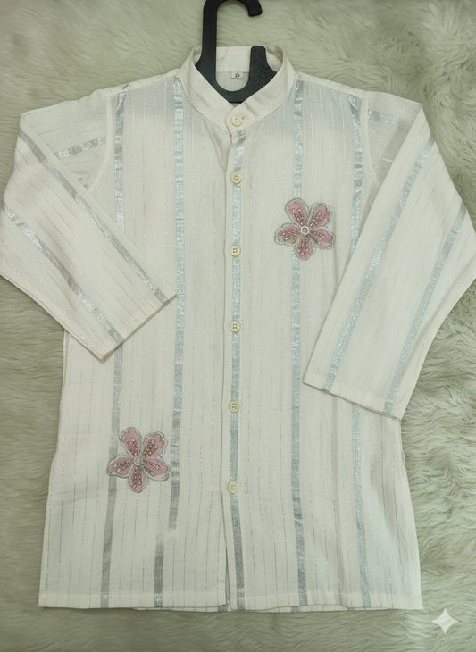 Off White Cotton Lurex Kurta Pajama For Kids Boy