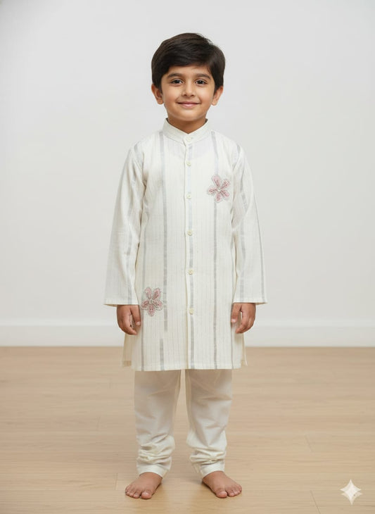 Off White Cotton Lurex Kurta Pajama For Kids Boy