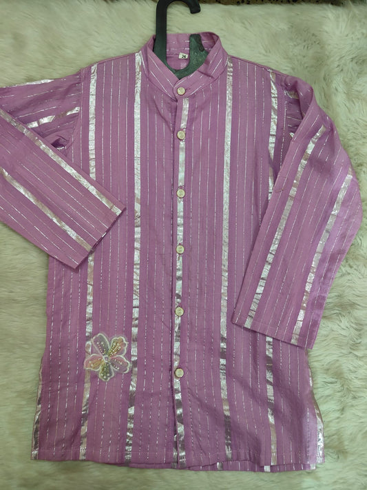 Light Purple Cotton Lurex Kurta Pajama For Kids Boy