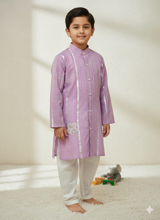 Light Purple Cotton Lurex Kurta Pajama For Kids Boy