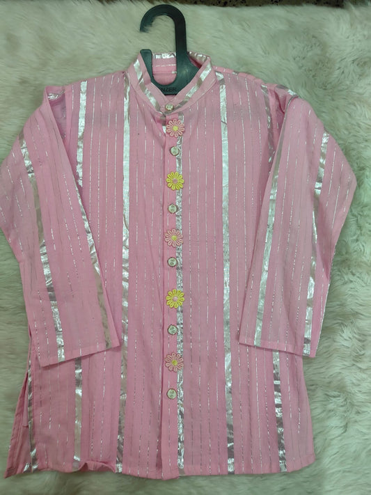 Light Pink Cotton Lurex Kurta Pajama For Kids Boy