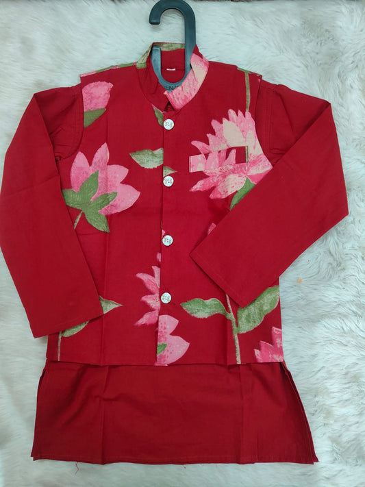 Red Cotton Floral Kurta Pajama Jacket Set For Kids Boy