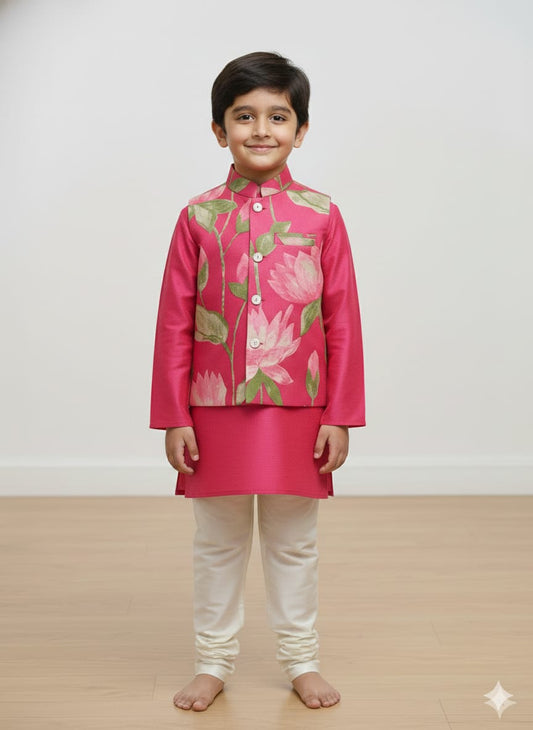 Hot Pink Cotton Kurta Pajama Jacket Set For Kids Boy
