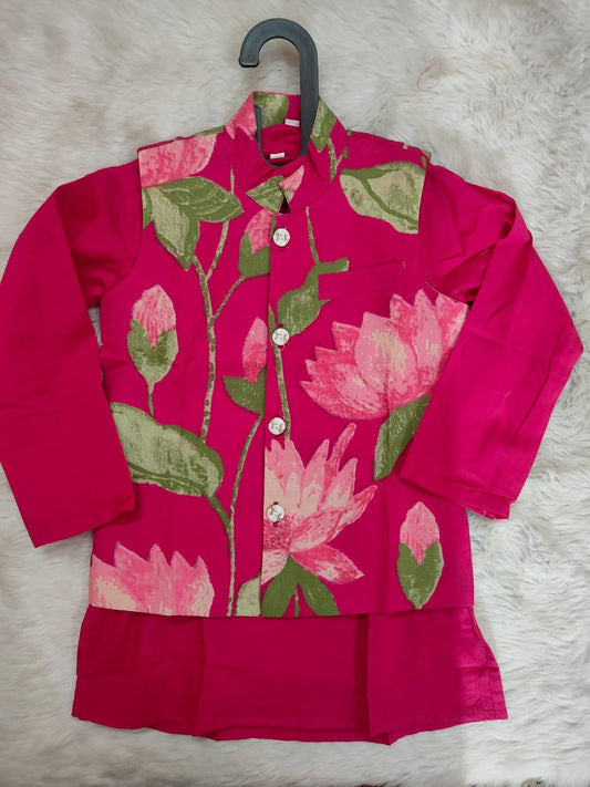 Hot Pink Cotton Kurta Pajama Jacket Set For Kids Boy