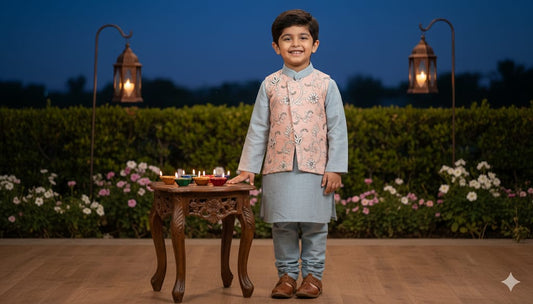 Gray Cotton Doria Attach Embroidery Jacket Set For Kids Boy