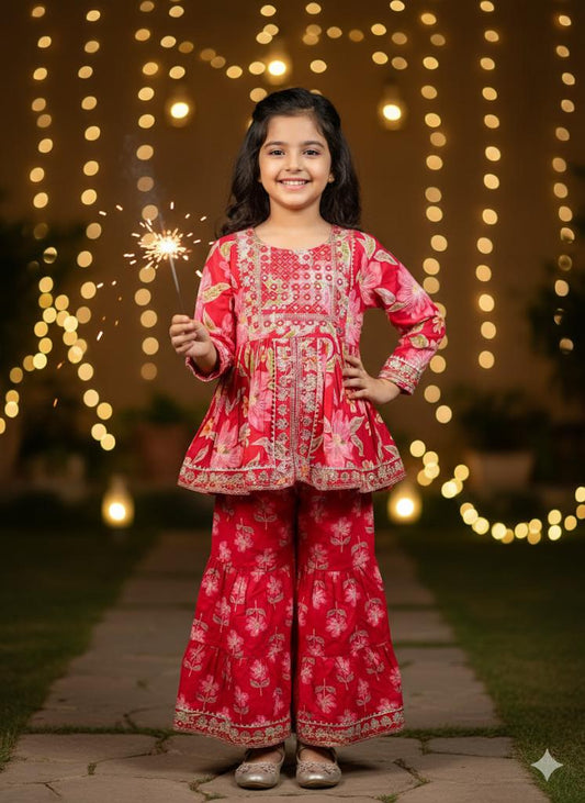 Cherry Red Cotton Embroidery Floral Sharara Set For Kids Girl