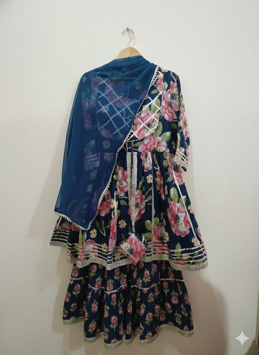 Dark Blue Cotton Floral Jari Sharara Set For Kids Girl