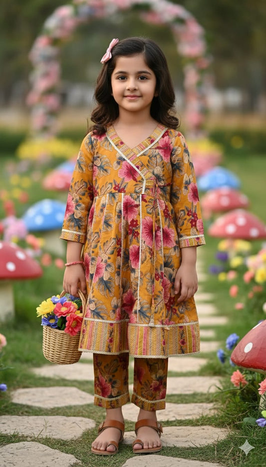 Mustard Cotton Floral Anarkali Set For Kids Girl