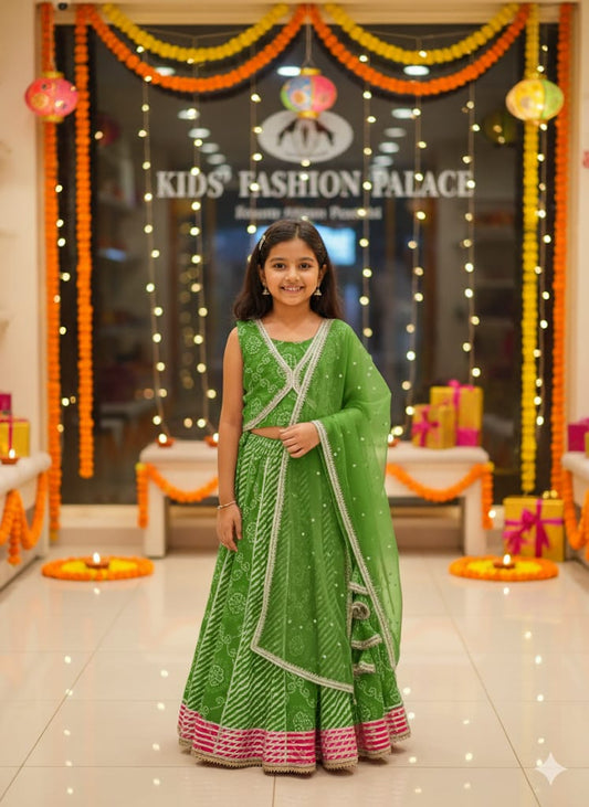 Mint Green Cotton Lehariya Jari Lahenga Set For Kids Girl