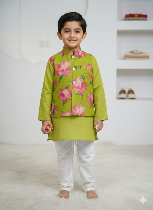 Mint Green Cotton Floral Kurta Pajama Jacket Set For Kids Boy