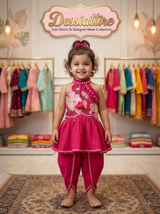 Girls Hot Pink Ethnic Kurta Tulip Pant Set