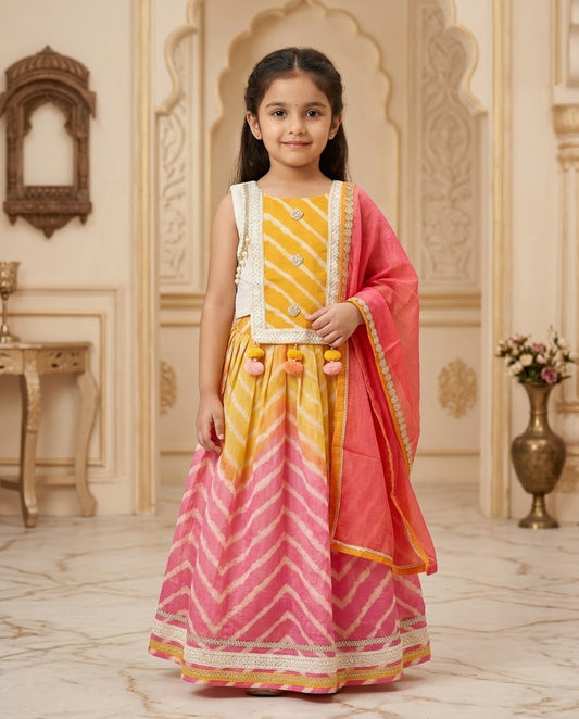 Girls Yellow & Pink Lehenga Set with Dupatta