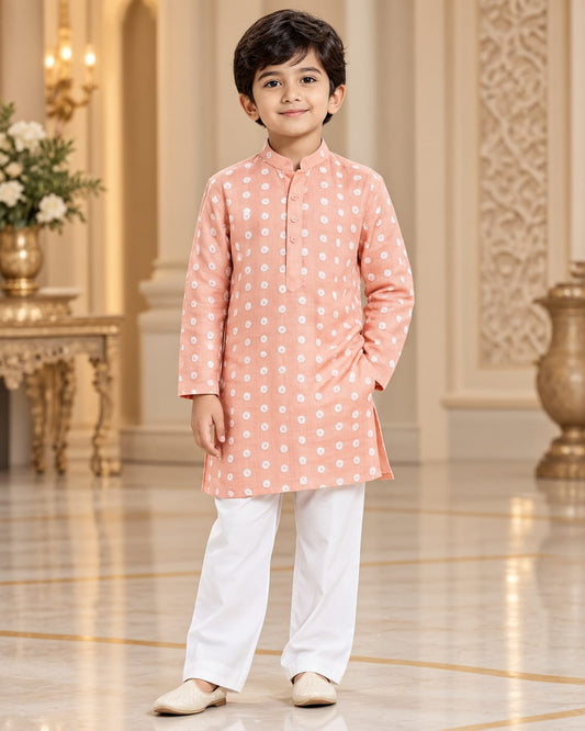 Boys Peach Cotton Kurta Pajama Set