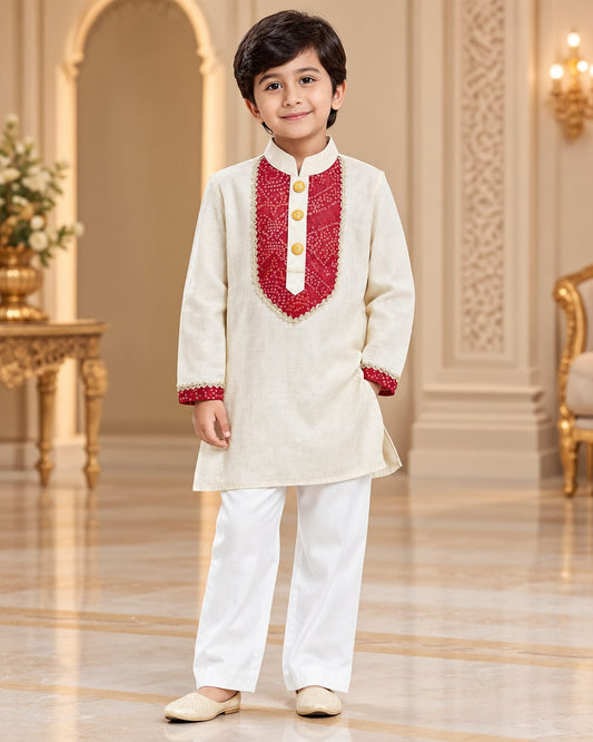 Boys White & Red Embroidered Cotton Kurta Pajama Set