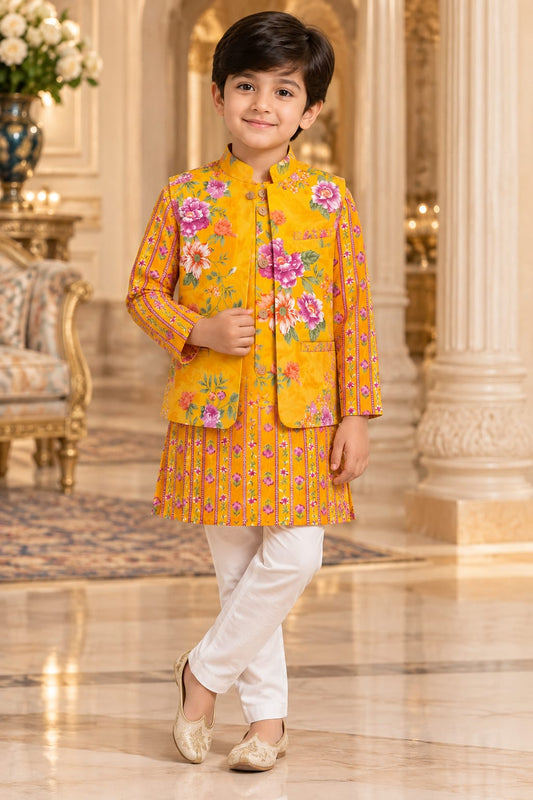 Boys Mustard Yellow Floral Nehru Jacket Kurta Pajama Set
