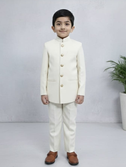 Boys Off-White Cotton Prince Suit Kurta Pajama Set