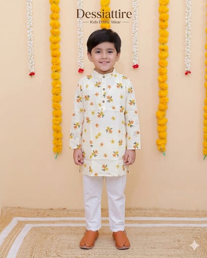 Boys White Floral Print Cotton Kurta Pajama Set
