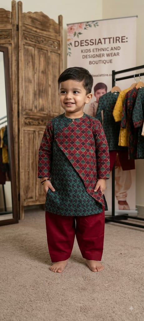 Boys Teal & Maroon Printed Ethnic Kurta Pajama with Jacket