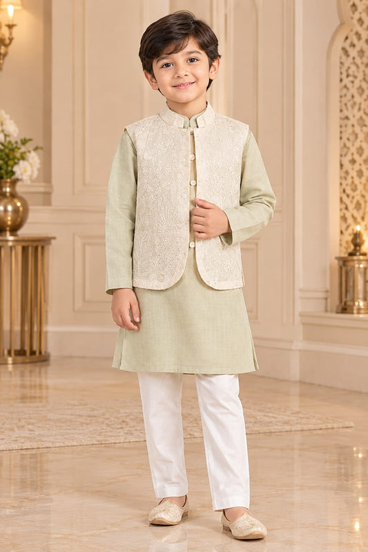 Boys Sage Green Attach Jacket Kurta Pajama Set