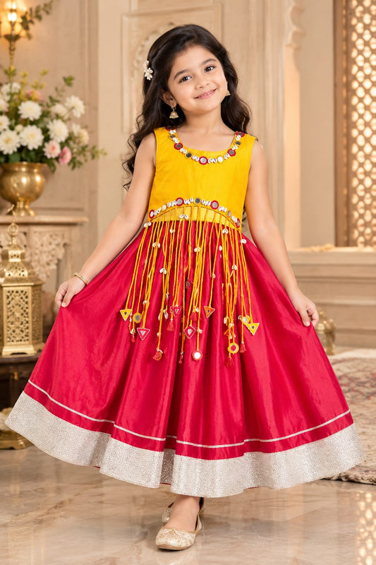 Red & Yellow Floral Gown For Kids Girl