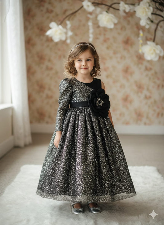 Girls Olive Green Floral Full Sleeve Party Dress