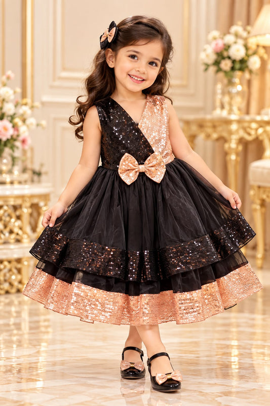 Girls Black Floral Embroidered Puff Sleeve Party Gown