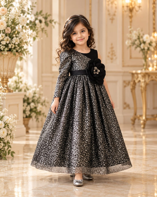 Girls Olive Green Floral Full Sleeve Party Dress