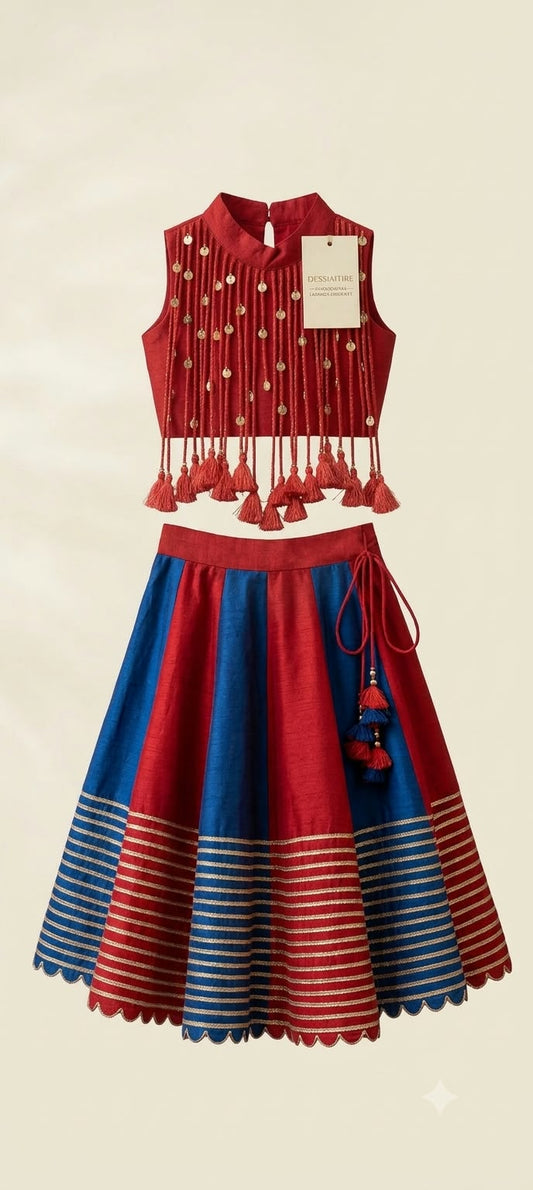 Girls Red and Blue Lehenga Choli Set