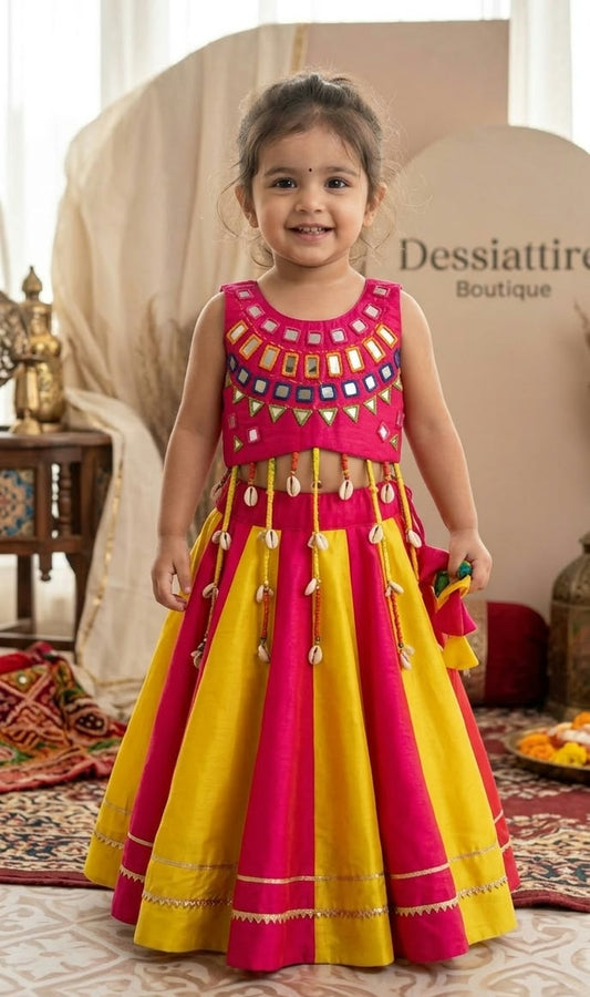 Girls Red and Yellow Embellished Lehenga Choli Set