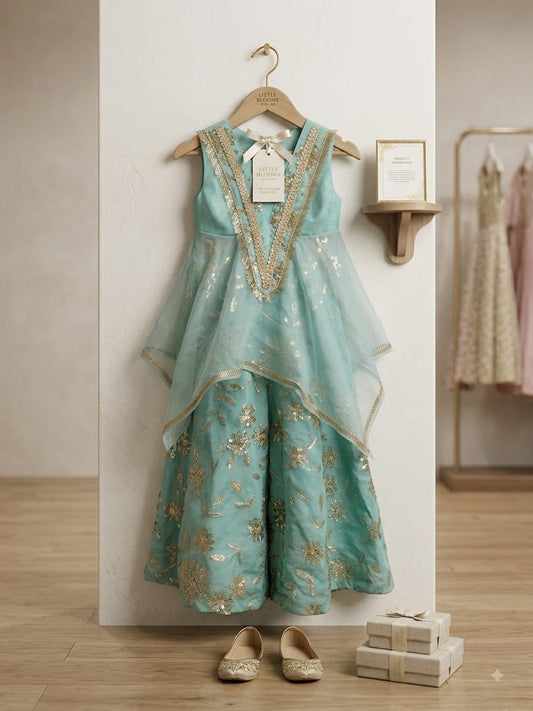 Girls’ Teal Green Embroidered Layered Palazzo Set
