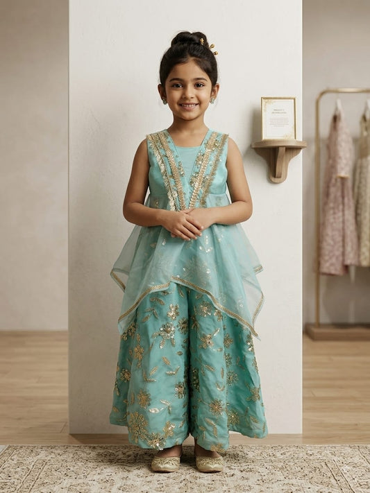 Girls’ Teal Green Embroidered Layered Palazzo Set