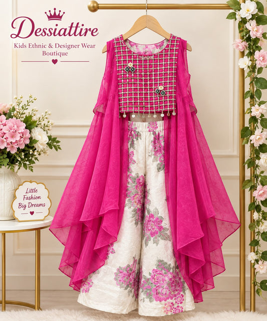 Girls’ Pink Layered Top & Floral Palazzo Set